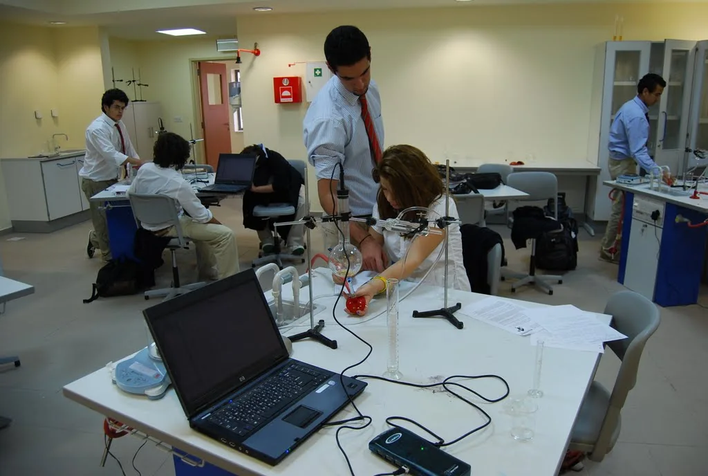 Students working in a modern chemistry laboratory